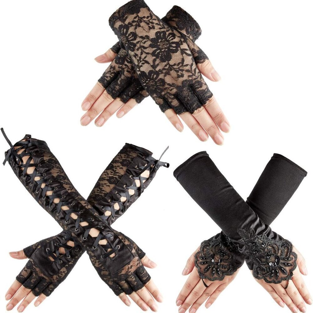 Women Gothic Lace Fingerless Gloves 3 Pairs Black Bridal Costume Accessories